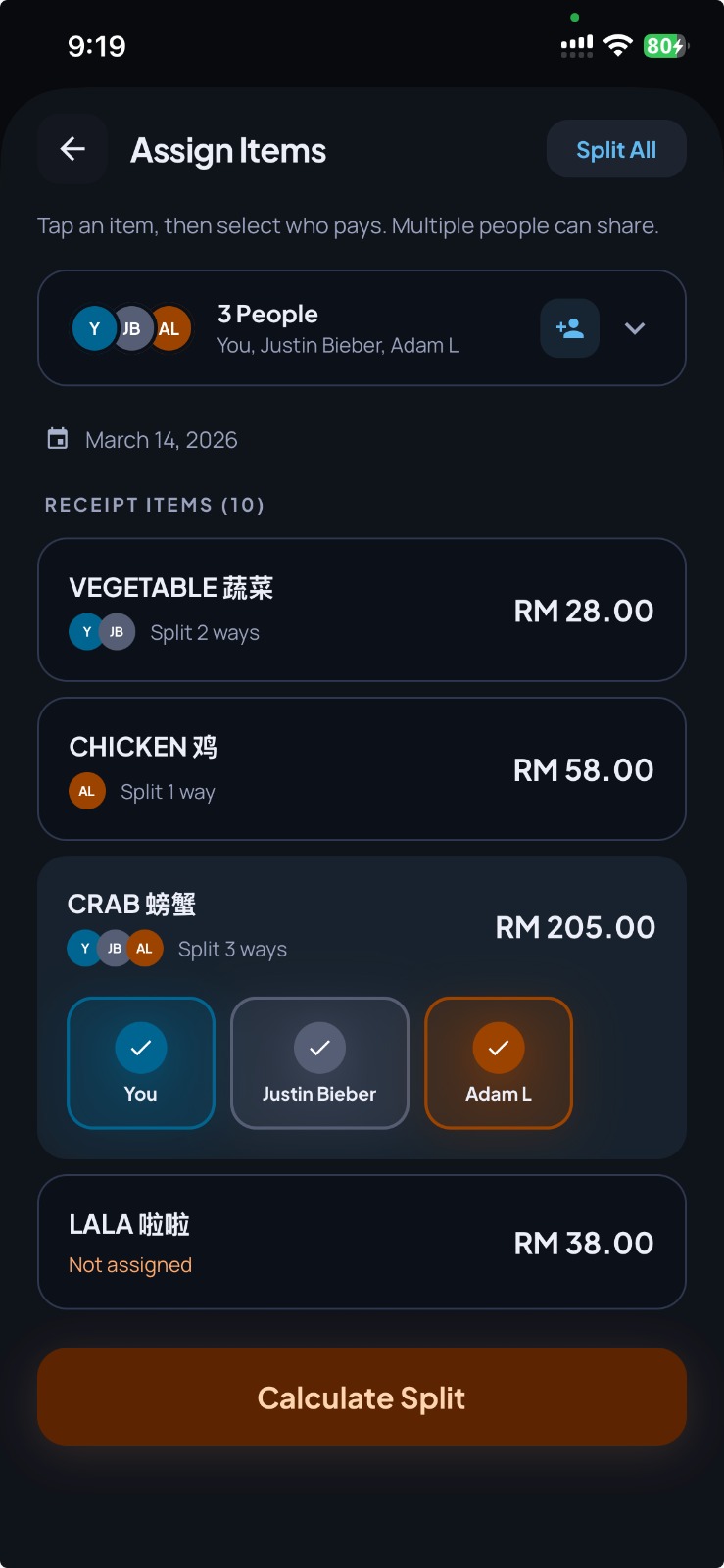 Kira assign items screen